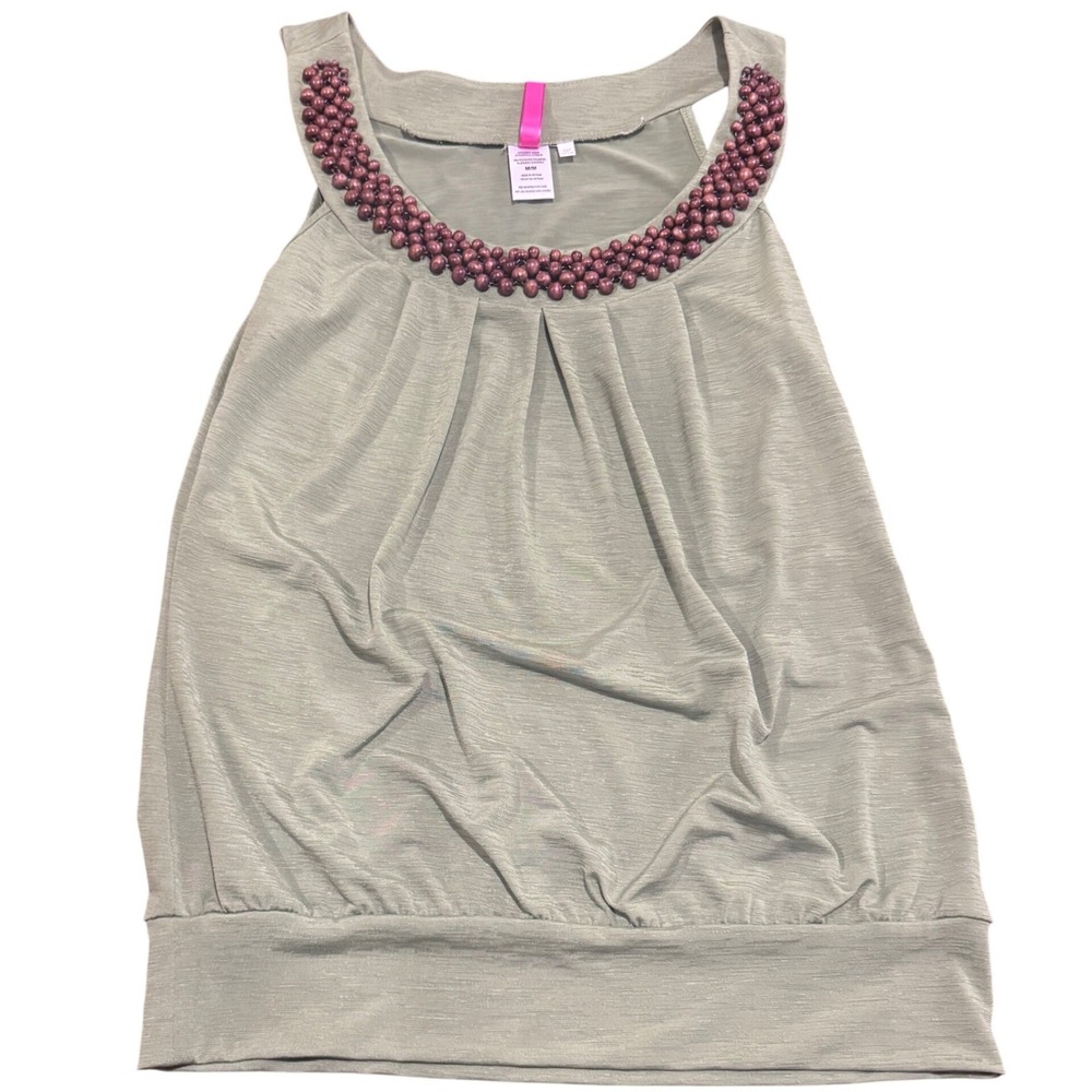 Green Sleeveless Boho Wood Beaded Neckline Top, Y2K 90s Vibe Sleeveless Sz M